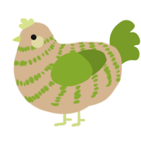 A beige and chartreuse chicken with a bar pattern