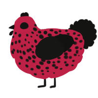A crimson and black chicken with a speckle pattern