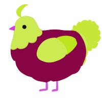 A maroon and lime chicken with a head pattern