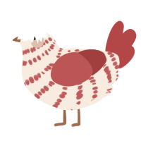 A cream and red chicken with a bar pattern