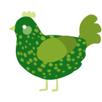 A leaf and chartreuse chicken with a speckle pattern