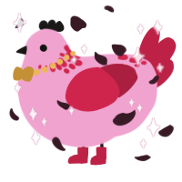 A pink and crimson chicken with a neck-speckle pattern