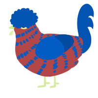 A red and ultramarine chicken with a bar pattern
