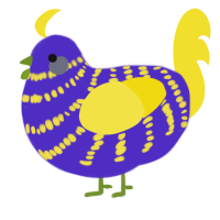 A indigo and yellow chicken with a bar pattern