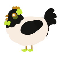 A cream and black chicken with a head pattern