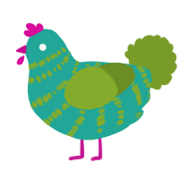A turquoise and chartreuse chicken with a bar pattern
