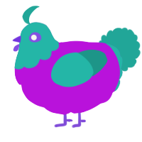 A amethyst and turquoise chicken with a head pattern