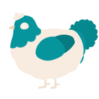 A cream and teal chicken with a head pattern