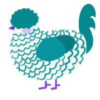 A white and teal chicken with a lace pattern