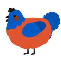 A vermilion and ultramarine chicken with a head pattern