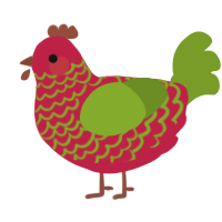 A crimson and chartreuse chicken with a lace pattern