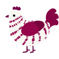 A white and maroon chicken with a bar pattern