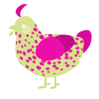 A lemon and fuchsia chicken with a speckle pattern