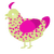 A lemon and fuchsia chicken with a speckle pattern