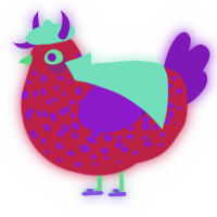 A crimson and violet chicken with a speckle pattern