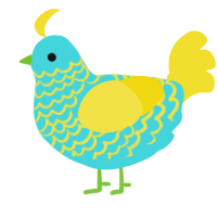 A aqua and yellow chicken with a lace pattern