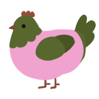 A pink and olive chicken with a head pattern