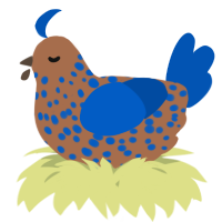 A brown and ultramarine chicken with a speckle pattern