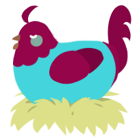 A aqua and maroon chicken with a head pattern