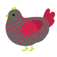 A grey and crimson chicken with a speckle pattern