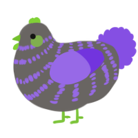 A grey and blurple chicken with a bar pattern