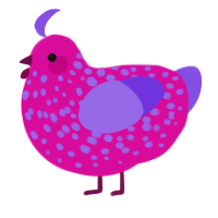 A fuchsia and blurple chicken with a speckle pattern