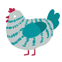 A silver and teal chicken with a bar pattern
