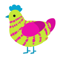 A lime and fuchsia chicken with a bar pattern
