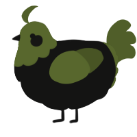A black and olive chicken with a head pattern
