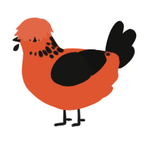 A vermilion and black chicken with a neck-speckle pattern