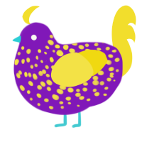 A violet and yellow chicken with a speckle pattern