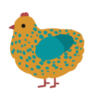 A orange and teal chicken with a speckle pattern