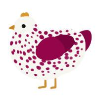 A white and maroon chicken with a speckle pattern