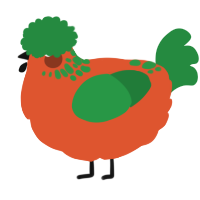 A vermilion and viridian chicken with a neck-speckle pattern