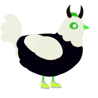 A white and black chicken with a head pattern