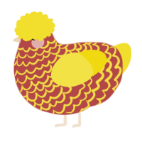 A red and yellow chicken with a lace pattern