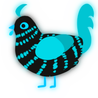 A black and teal chicken with a bar pattern