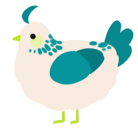 A cream and teal chicken with a neck-speckle pattern