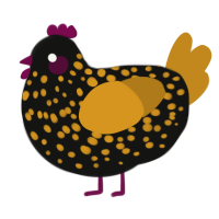 A black and ochre chicken with a speckle pattern