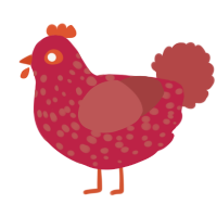 A crimson and red chicken with a speckle pattern
