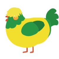 A yellow and viridian chicken with a head pattern