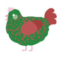 A viridian and red chicken with a speckle pattern