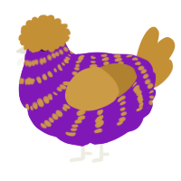 A violet and gold chicken with a bar pattern