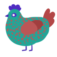 Mini Egg, a turquoise and red chicken with a speckle pattern