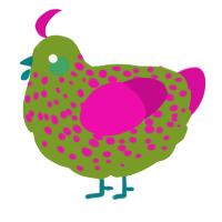 A chartreuse and fuchsia chicken with a speckle pattern