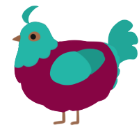 A maroon and turquoise chicken with a head pattern