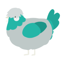 A silver and turquoise chicken with a head pattern