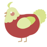 A red and lemon chicken with a head pattern