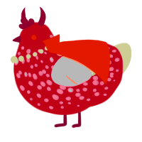 A crimson and white chicken with a speckle pattern