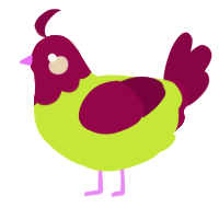 A lime and maroon chicken with a head pattern